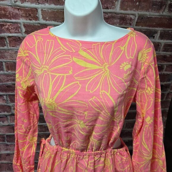Universal Thread Pink Floral Mini Dress Medium Linen Blend Balloon Sleeve - Picture 5 of 6